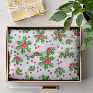 Classic Holiday Holly Tree Leaves Berries Pattern Tissue Paper