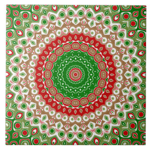 Classic Holiday Mandala in Red, Green, and Gold Ceramic Tile