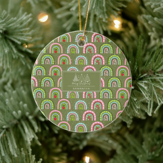 Classic Holiday Pattern- Colourful Rainbow Ceramic Ornament (Tree)
