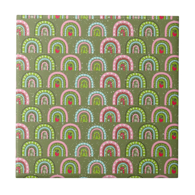 Classic Holiday Pattern- Colourful Rainbow Ceramic Tile (Front)