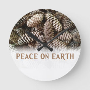 Classic Holiday Pine Cone Peace On Earth Round Clock