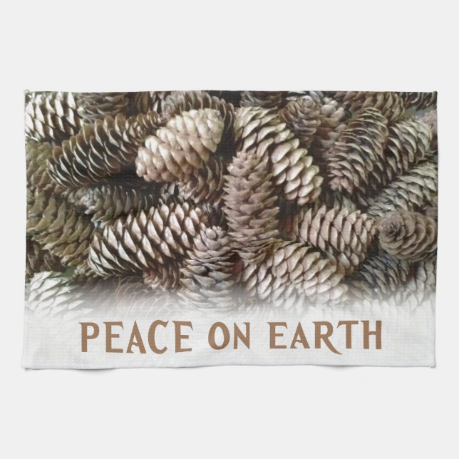 Classic Holiday Pine Cone Peace On Earth Tea Towel (Horizontal)