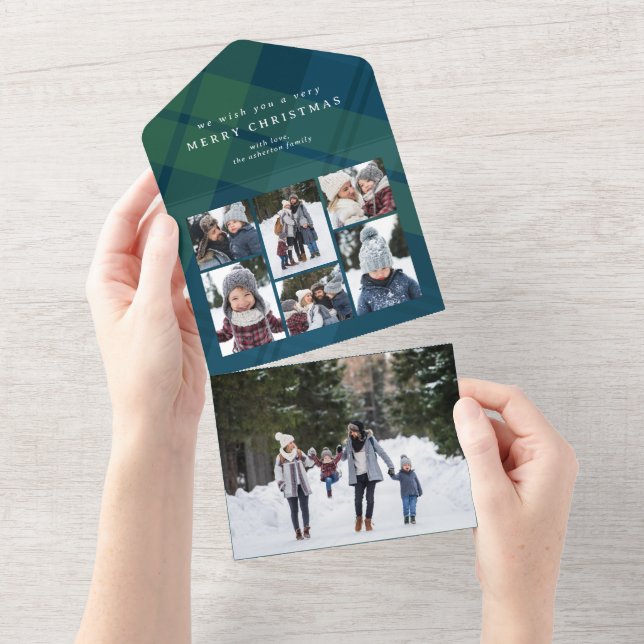 Classic holiday plaid Christmas collage trifold All In One Invitation (Tearaway)