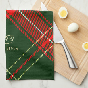 Classic Holiday Plaid Family Name Christmas Tea Towel