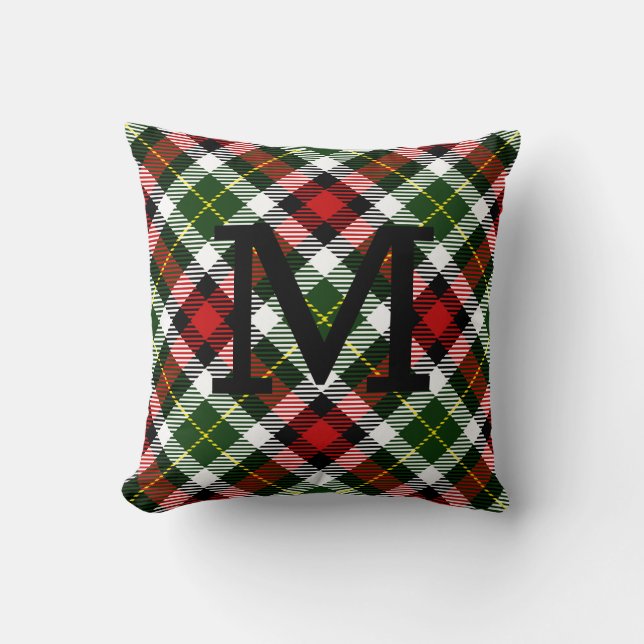 Classic Holiday Plaid Monogram INITIAL Christmas Cushion (Front)