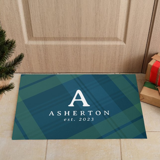 Classic holiday plaid navy green custom Christmas Doormat (Creator Uploaded)