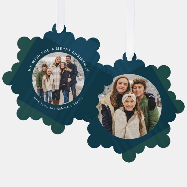 Classic holiday plaid simple two photo Christmas Tree Decoration Card (Front/Back)