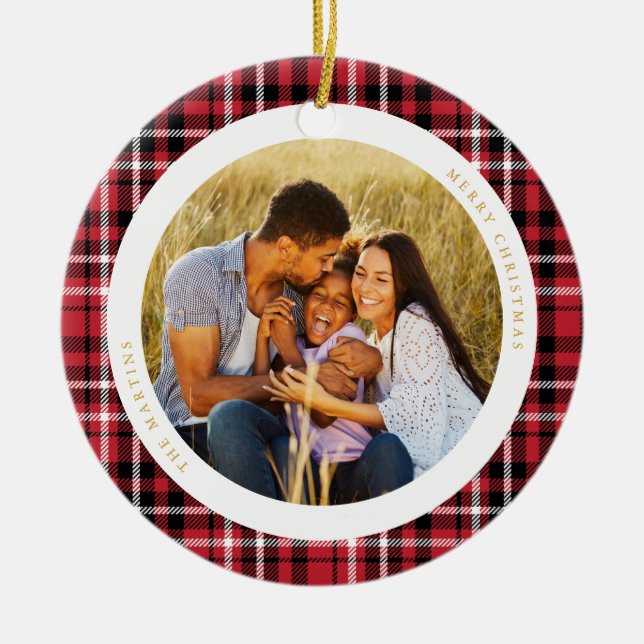 Classic Holiday Red Plaid Photo Ceramic Ornament (Front)