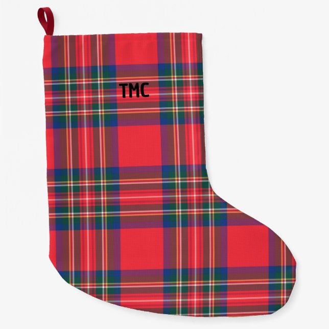 Classic Holiday Red Tartan Plaid Initials Festive  Large Christmas Stocking (Front)