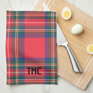 Classic Holiday Red Tartan Plaid INITIALS Festive  Tea Towel