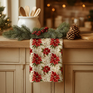 Classic Holiday Tea Towel Rustic Red Floral Style