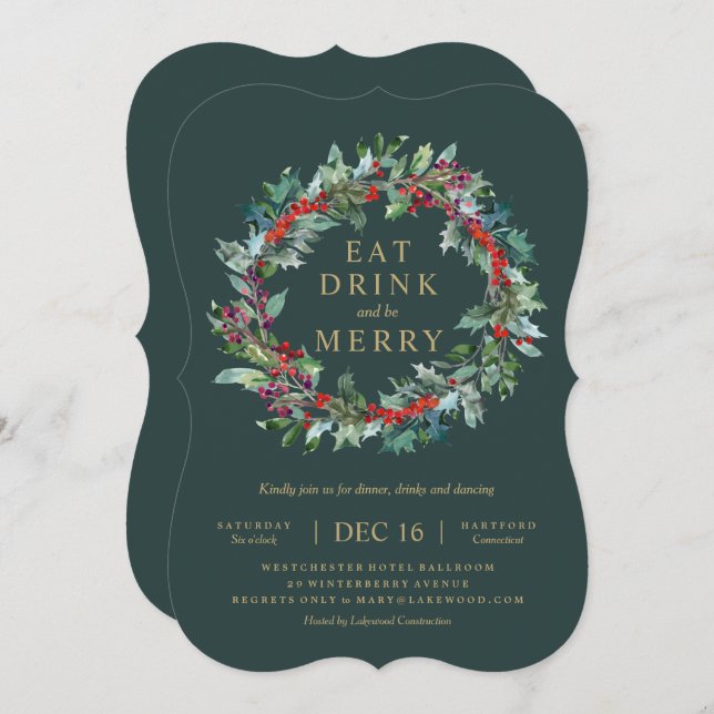 Classic Holiday Wreath Party Invitation (Front/Back)