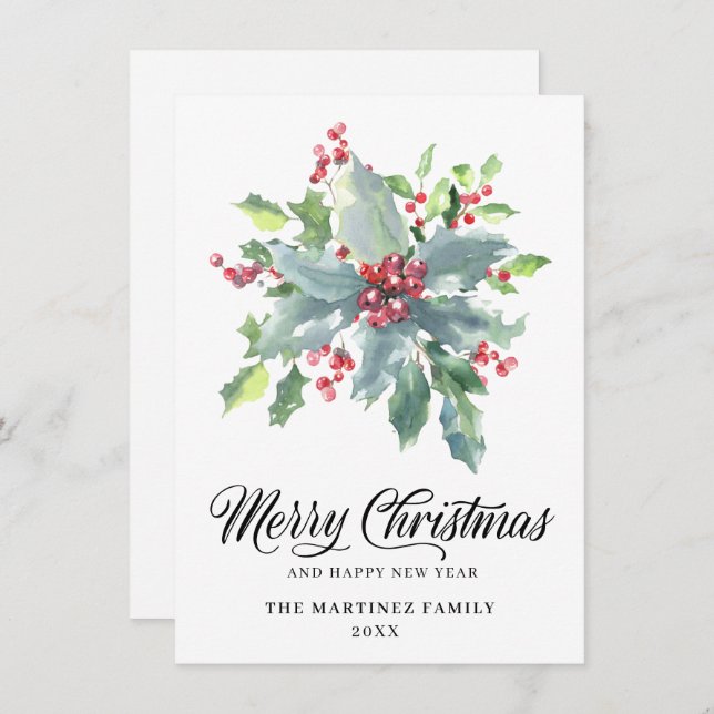Classic Holly and Berry 2022 Christmas Greeting Holiday Card (Front/Back)