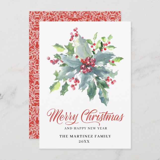 Classic Holly and Berry 2022 Christmas Greeting Holiday Card (Front/Back)