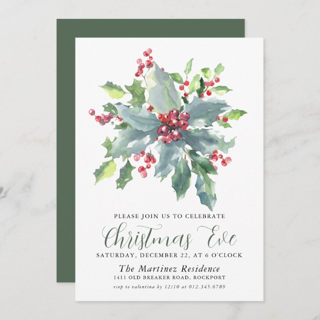 Classic Holly Berry Greenery Christmas Eve Party Invitation (Front/Back)