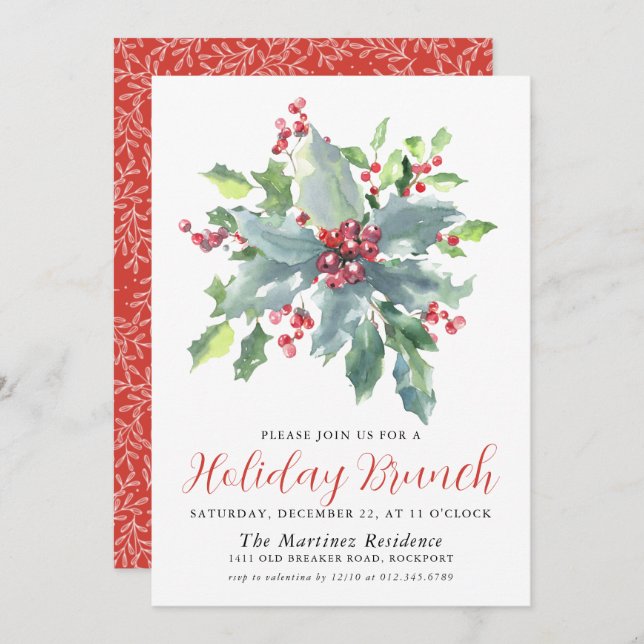 Classic Holly Berry Greenery Holiday Brunch Invitation (Front/Back)