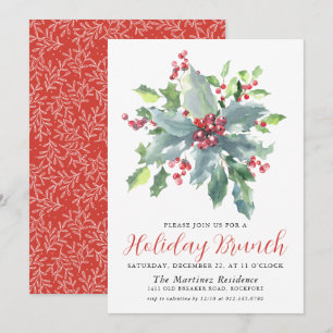 Classic Holly Berry Greenery Holiday Brunch Invitation