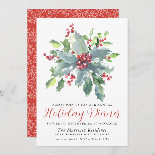 Classic Holly Berry Greenery Holiday Dinner Invitation (Front/Back)