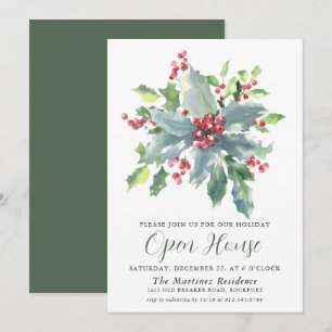 Classic Holly Berry Greenery Holiday Open House Invitation