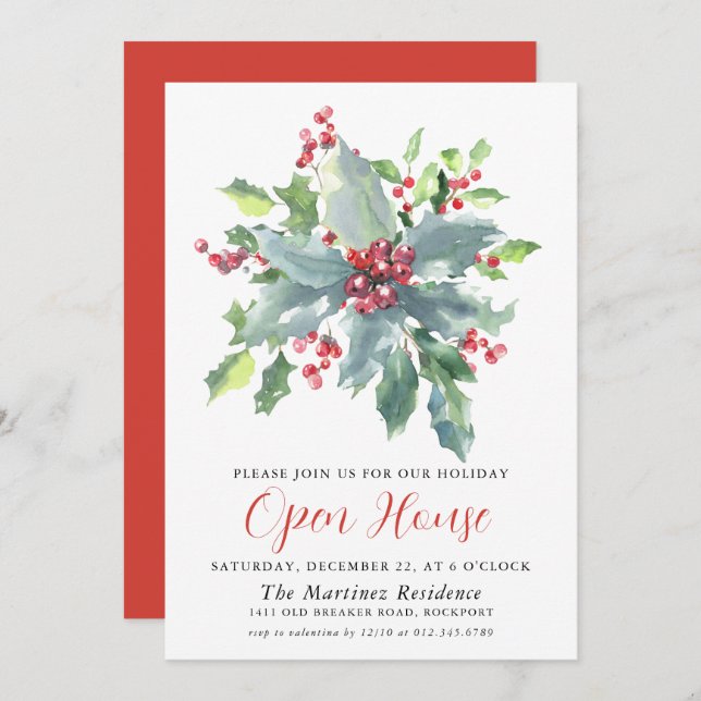 Classic Holly Berry Greenery Holiday Open House Invitation (Front/Back)