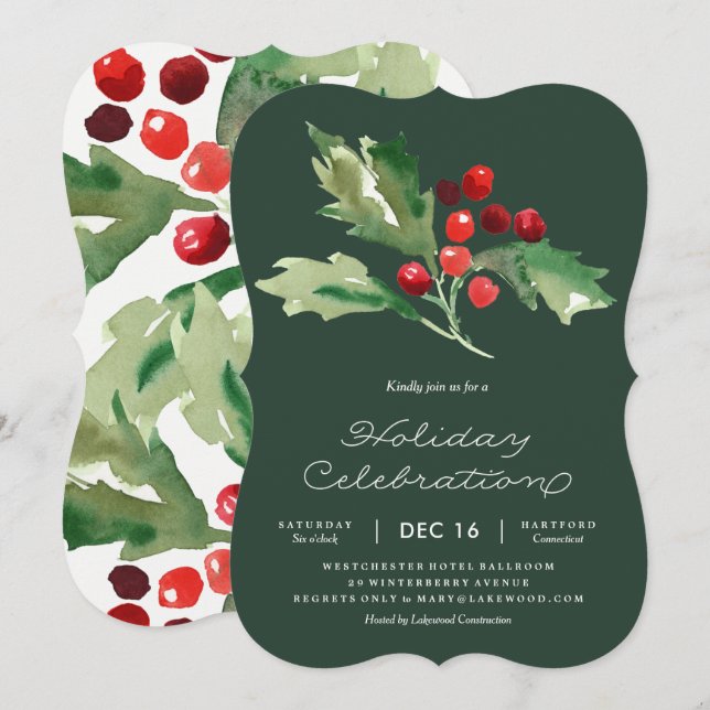 Classic Holly Berry Holiday  Party Invitation (Front/Back)