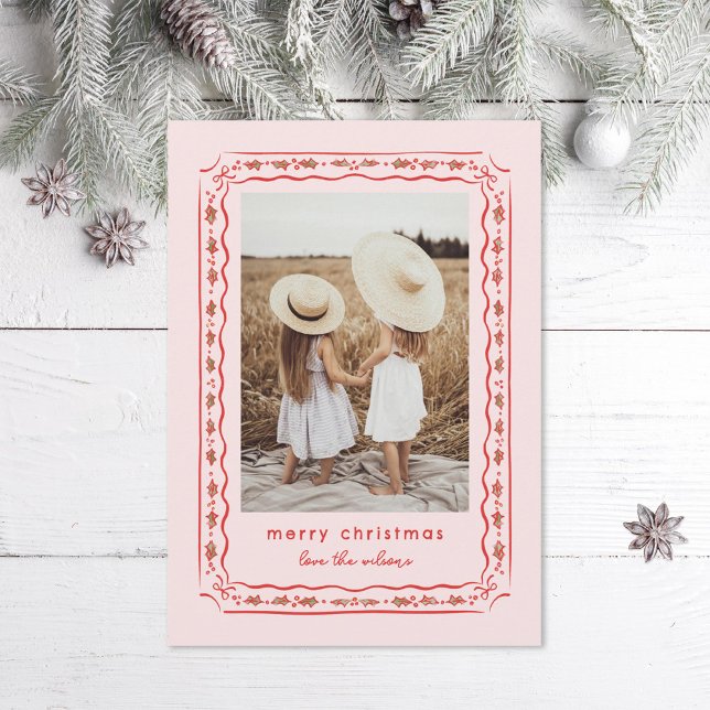 Classic Holly Painted Frame Pink Red Photo Holiday Card (Creator Uploaded)