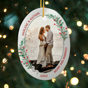 Classic Holly Pine Silver Frame Photo Newlyweds Ceramic Ornament