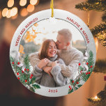 Classic Holly Pine Silver Frame Photo Newlyweds  Ceramic Ornament<br><div class="desc">Classic Holly Pine Silver Frame Photo Newlyweds 1st Christmas ornament has a shiny silver frame adorned with holly, pine & ribbon ornament to display your own special memory. The bright and shiny silver border encircles your memorial photos. The holly, pine and silk ribbon complete the whole design with a joyful...</div>
