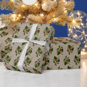 Classic Holly with Red Berries On Linen Ground  Wrapping Paper