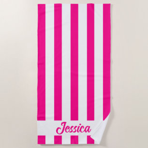 Classic Hot Pink and White Cabana Strip  Beach Towel