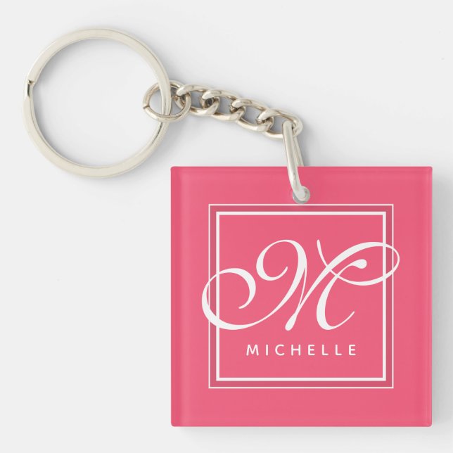 Classic Hot Pink and White Script Monogram Key Ring (Front)