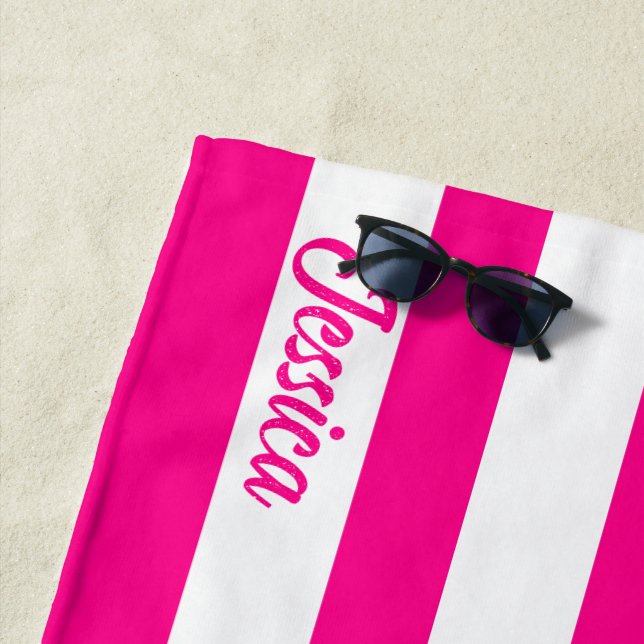 Classic Hot Pink White Cabana Strip Personalised Beach Towel (In Situ)