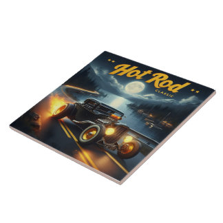 Classic hot rod cruising along a moonlit lake ceramic tile