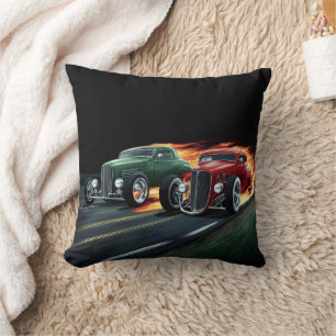 Classic hot rods racing down a night street cushion