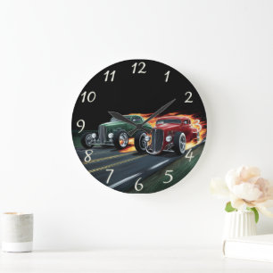 Classic hot rods racing down a night street large clock