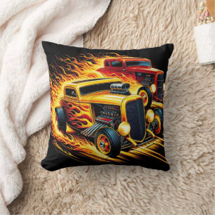 Classic hot rods racing in fiery motion cushion