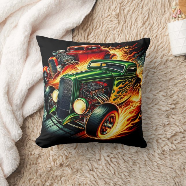 Classic hot rods racing through a fiery backdrop cushion (Blanket)