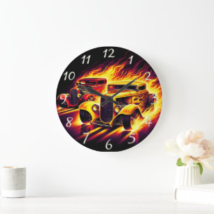 Classic hot rods racing through fiery trails large clock
