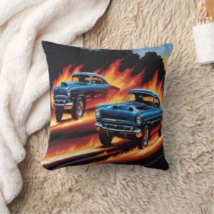 Classic hot rods racing through flames at sunset cushion