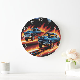 Classic hot rods racing through flames at sunset large clock