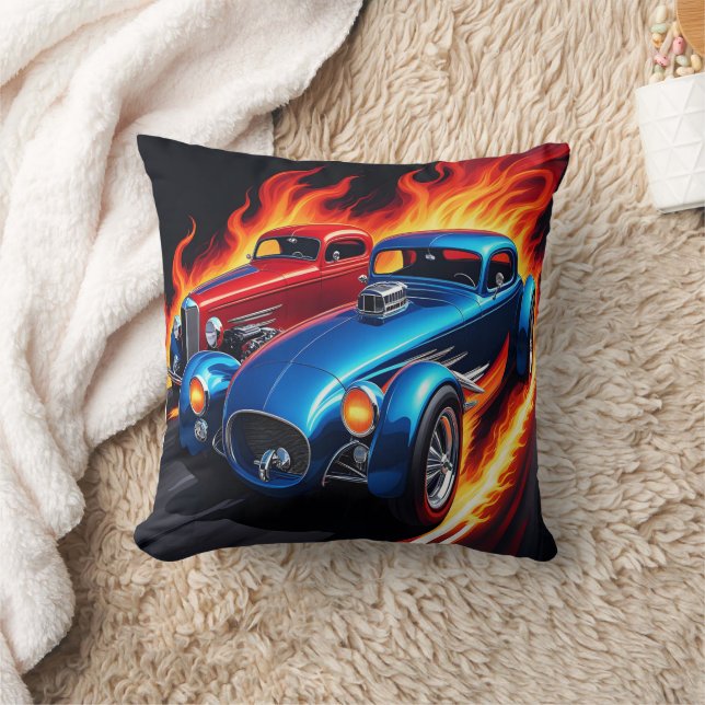 Classic hot rods racing with fiery backgrounds cushion (Blanket)