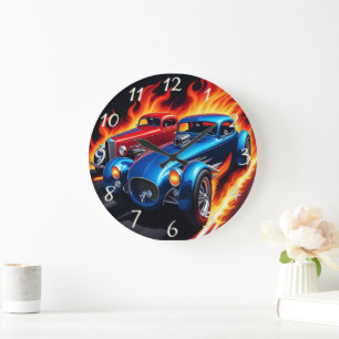 Classic hot rods racing with fiery backgrounds large clock