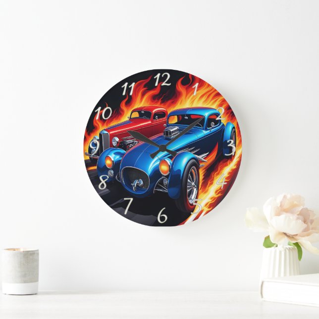 Classic hot rods racing with fiery backgrounds large clock (Home)