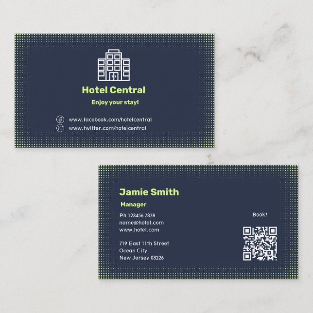 Classic Hotel Blue Business Card With QR Code (Front/Back)