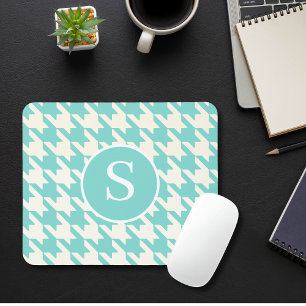 Classic Houndstooth Aqua Blue & White Monogram Mouse Pad