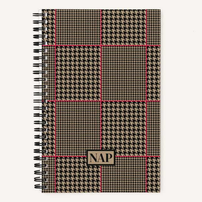 Classic Houndstooth Black Taupe Hot Pink Check Notebook (Front)
