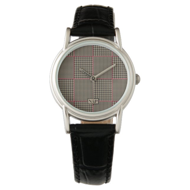 Classic Houndstooth Black Taupe Hot Pink Check Watch (Front)