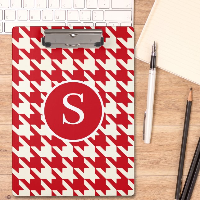 Classic Houndstooth Cherry Red & White Monogram Clipboard (Creator Uploaded)