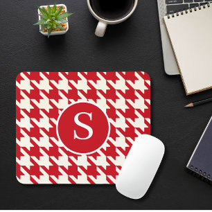 Classic Houndstooth Cherry Red & White Monogram Mouse Pad