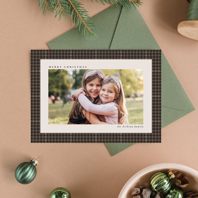 Classic houndstooth frame preppy one photo brown holiday card (Creator Uploaded)